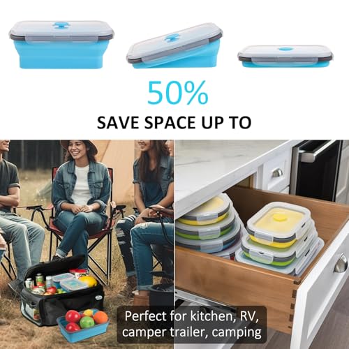 Collapsible Food Storage Containers with Lid & Air Vent, 8 Pack, 4 Rectangular + 4 Round, Annaklin Foldable Silicone Lunch Containers Collapsible Bowls Set, Microwave Freezer Dishwasher Safe, 4 Colors - Image 5