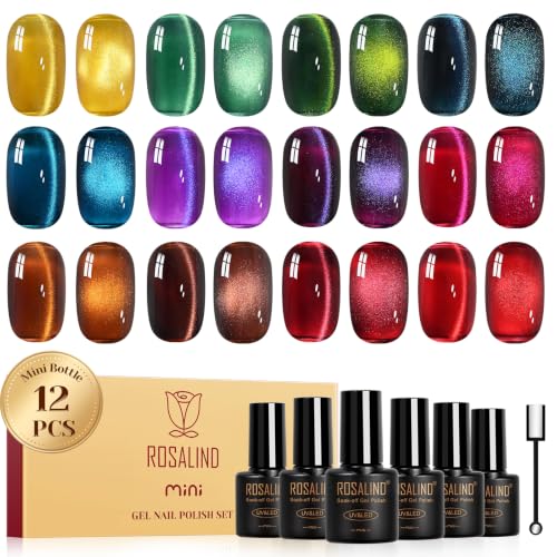 ROSALIND Esmaltes Semipermanentes Ojo de Gato 12 Colores Verde Azul Morado | Pintauñas Semipermanentes Magnético Marrón Rojo, UV/LED Mini Esmalte de Uñas Cat Eye Gel con Imán Manicure Regalo