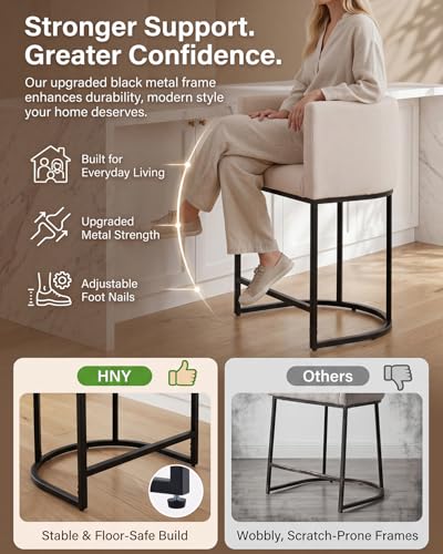 Image of HNY Modern Counter Height Bar Stools Set of 4, 24 inch Linen Counter Stools with 8.5 inch Extra Tall Barrel Back, Black Tubular Frame, Deep Comfortable Seat Island Stools for Kitchen Counter, Home Bars, Cream