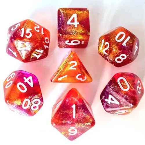 Epic Forge -Set of 7 Resin Dice in Box - Purple and Orange Glitter