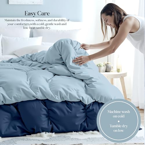 Image of ROYALE LINENS Reversible Comforter - Full Size Duvet Insert - All Season Soft Quilted Comforters with 8 Corner Tabs - Down Alternative Bedding Comforter - Duvet Insert (Navy /Lake Blue, Full 82 inchx86 inch)