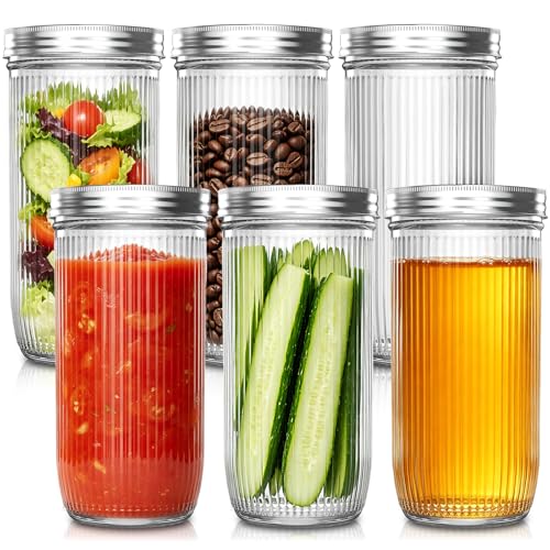 INSETLAN 24 oz Ribbed Wide Mouth Mason Jars 6 Pack Glass Canning Jars with Airtight Metal Lids and Bands Glass Jars for Jam Honey Fermenting Pickling Overnight Oats Salad Fridge Safe