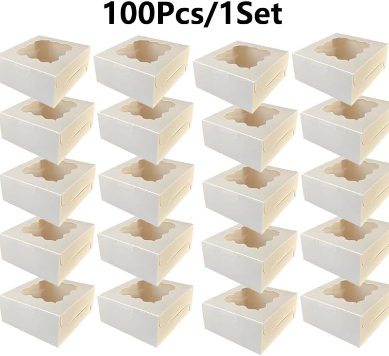 Generic 100Pcs (6x6x3 in) Mini Cake Boxes+5 stickers with Display Window for Gift Giving, Bakesale, Cupcakes, Dessert, Cookies, Pie, Macaroons, Donuts, Pastry, Kraft Paper Material… (100Pcs White)