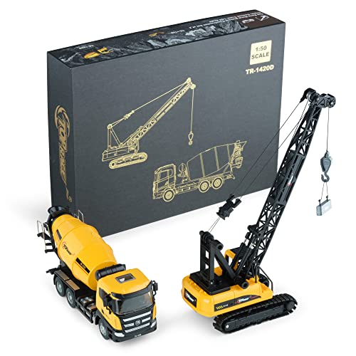 Top Race baustellenfahrzeuge Kinder, Metall Zement-Betonmischer mit Spielzeug Kran, Tolles Display-Spielzeug für Jungen und Mädchen im Maßstab 1:50 Set von 2