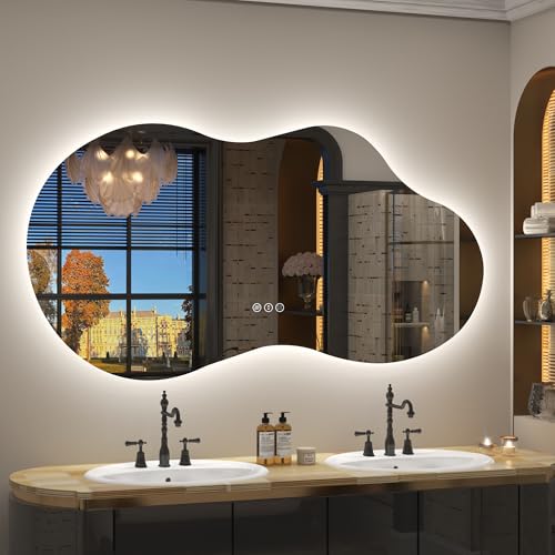 Image of 60x32 Inch Irregular Cloud LED Bathroom Mirror with Lights | Asymmetrical Backlit Vanity Mirror, Anti-Fog, Dimmable, Memory, 3 Colors, Shatterproof, ETL Listed (Horizontal /Vertical)