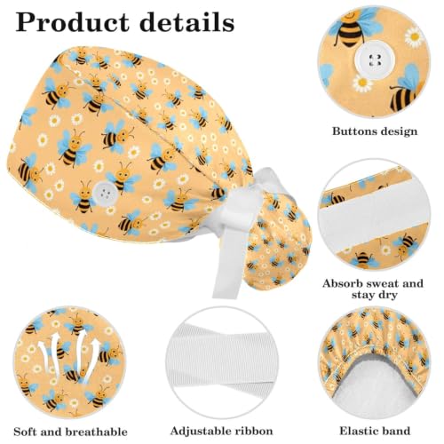 Image of Butterfly Scrub Cap Women with Ponytail & Buttons Adjustable Surgical Nurse Hat with Cotton Sweatband for Long Hair