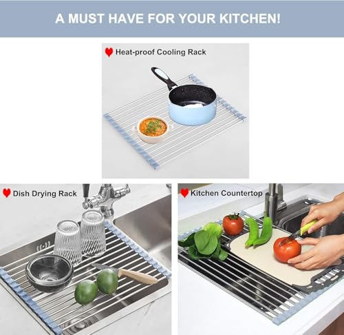 Image of Zollyss Roll Up Dish Drying Rack Over Sink 44.5 x 34.8 cm, Foldable Stainless Steel Dish Drainer with BPA Free Silicone, Heat Resistant Kitchen Sink Drying Rack & Countertop Organizer