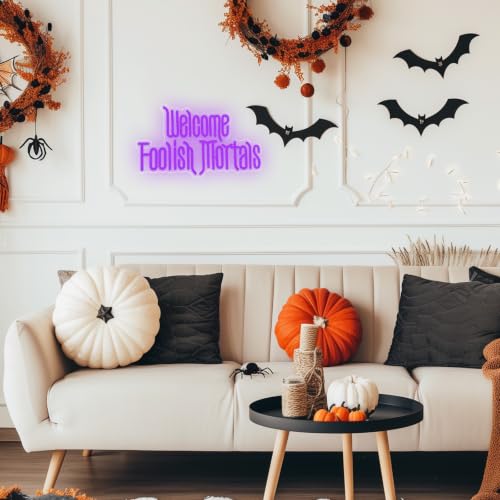 Image of Welcome Foolish Mortals Neon Sign, Halloween Neon Light Spooky Gothic Haunted Mansion LED Coffin Decor USB Powered, for Horror Movie Party Haunted House Man Cave Home Room Themed Bars(16.1 * 9.4 In)