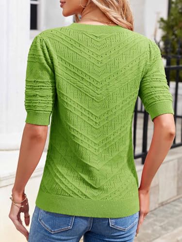 Image of Womens Puff Short Sleeve Sweater Summer Crew Neck Ribbed Knit Pullover Tops