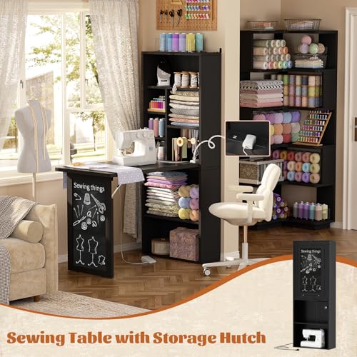 Image of Armocity Small Folding Desk with Outlets, Convertible Writing Desk for Small Spaces /Home Office /Craft Room, Multi-Function Desk Workstation with Blackboard, Fold-Out Cabinet Table, Black