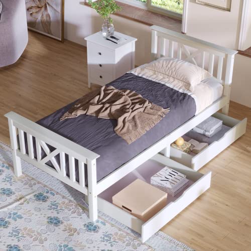 LTGB Wooden 3FT Single Bed Frame with Drawers, Single Storage Bed Solid Pine Wood, X-Shape Headboard Design, Guest Bed For Adults, Kids, Teenagers (White - 90x190cm)【UK Fast Shippment】