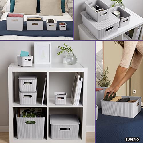 Superio Ribbed Collection - Decorative Plastic Lidded Home Storage Bins Organizer Baskets, Large White Smoke (1 Pack - 15 Liter) Stackable Container Box, For Organizing Closet Shelves Drawer Shelf #TOP6