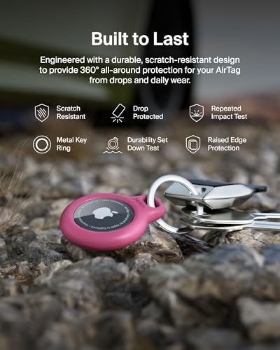 Image of Belkin Apple AirTag Secure Holder with Key Ring - Scratch-Resistant Case with Open Face & Raised Edges - Protective AirTag Keychain Accessory for Keys, Pets, Luggage, & More - Black /Pink (4-Pack)
