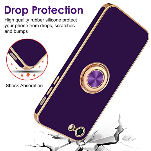 Image of Hython Case for iPhone SE Case 2022 /2020, iPhone 8 7 Case Ring Holder Stand Magnetic Kickstand, Plating Gold Edge Soft TPU Bumper Cover Shockproof Protective Phone Cases Women Girls Boys, Dark Purple
