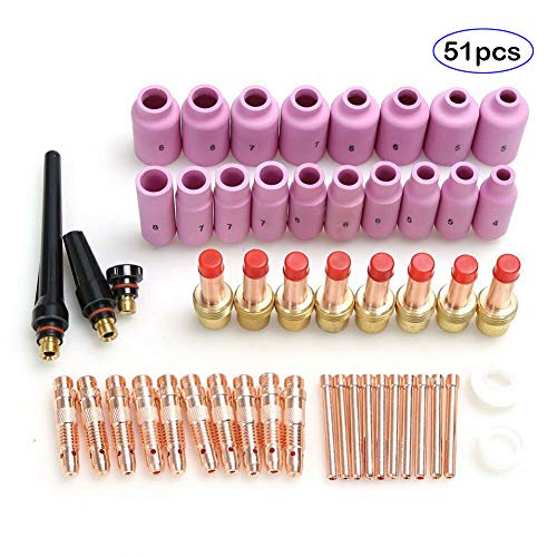 Velidy 49PCS TIG Torcia per saldatura Stubby Gas Lens # 10 Kit in vetro Pyrex per WP-17/18/26 (51PCS)