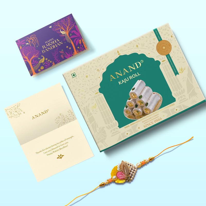 ANAND Sweets Raksha Bandhan/Rakhi Kaju Roll Gift box | Kaju Roll (500g) + Rakhi + Greeting card and cover combo | Premium Cashew sweet | For Brother, Sister, Bhabhi | No Preservatives