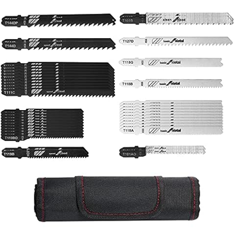 43tlg. Stichsägeblätter Set, stichsägeblätter holz, T-Schaft Stichsägeblatt, HCS HSS, für Holz und Metall Metallschneiden, Zubehör Stichsäge mit Rolltasche Cover