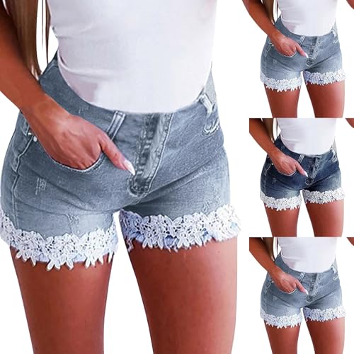 2025 Short d'été décontracté pour femme Taille haute avec fleurs Dentelle Bermuda Jean déchiré confortable élégant rétro Denim Shorts, bleu clair, XL