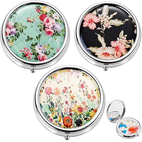 Lot de 3 boîtes à pilules décoratives en métal - Pour femme - Petit étui à pilules - 3 compartiments avec miroir - Portable - Métal - Mini vitamines - Boîte à médicaments Cover