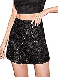 SweatyRocks Women's High Waisted Glitter Sequins Shorts Zip Up Straight Leg Party Shorts Clubwear Black M