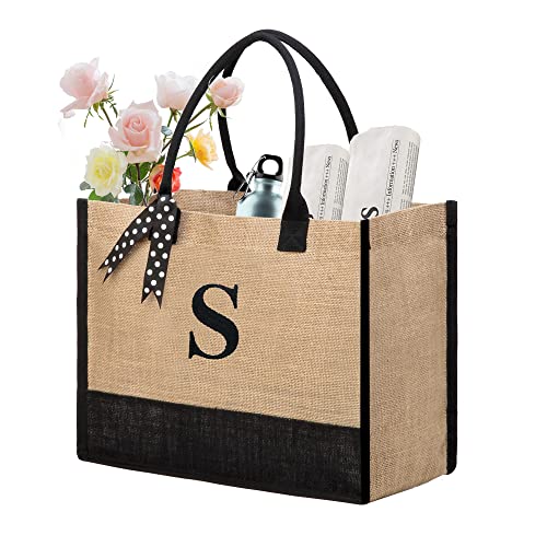 Image of BeeGreen Large Initial Beach Tote Bag Burlap Tote Bag with Handles Embroidery Monogram Gift for Mother Friends Personalized Birthday Gifts for Women Wedding Presents for Bridesmaid S