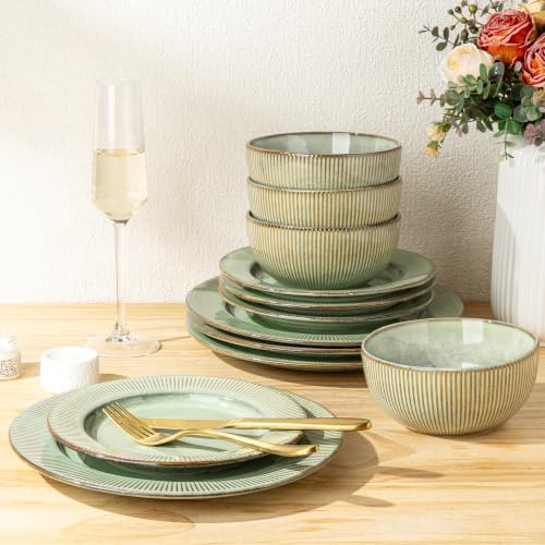 Image of GBHOME Ceramic Dinnerware Sets,12 pcs Embossed Elegant Stoneware Plates and Bowls Sets, Housewarming Wedding Gift | Dishwasher & Microwave Safe | Dishes Set Service for 4