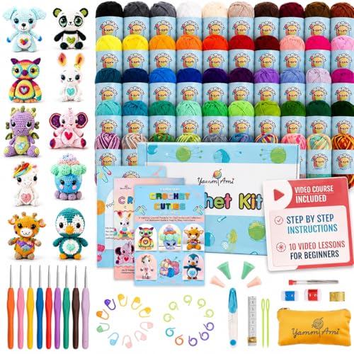 Image of YammiAmi 1,800 Yards Beginner Crochet Kit for Adults, 103-Piece Starter Set with 50 Skeins of Yarn, Accessories, and 10 Amigurumi E-Book Patterns with Video Tutorials