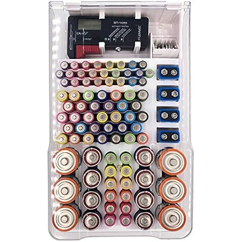 FYJENNICC Battery Organizer Storage with a Removable Upgraded Battery Tester, Battery Case with Hinged Clear Cover,Holds 93 Batteries Various Size (WHITE) Cover