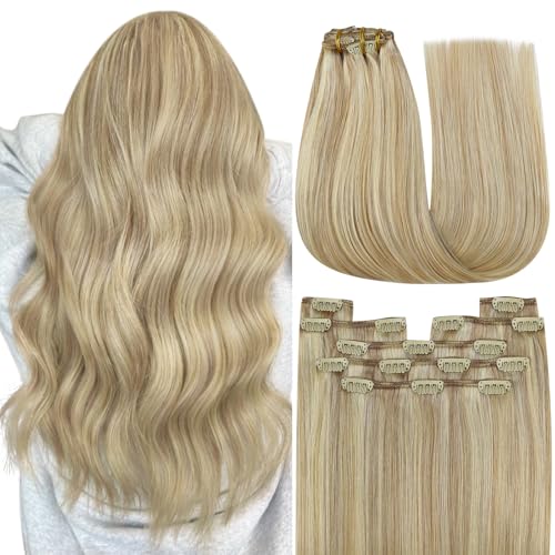 Image of YoungSee Blonde Clip in Hair Extensions Real Human Hair Light Blonde Highlighted Golden Blond Clip on Hair Extensions for Women, Long Straight Hair Clip in Extensions 22 Inch 120G 7Pcs
