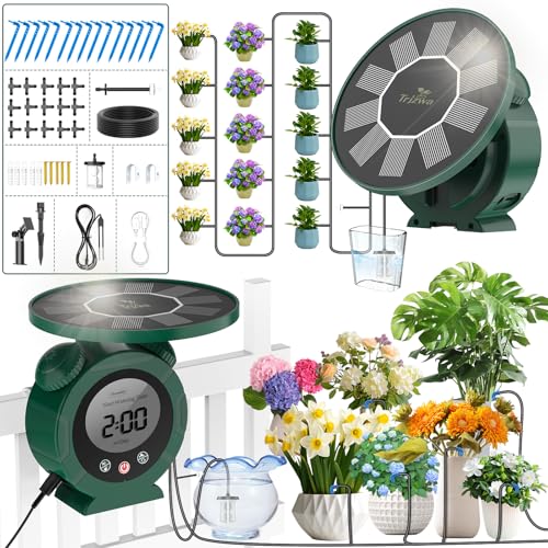 TRJZWA Solar Irrigation & Alarm Clock Drip System with Multiple Watering Programs 15 Dripper Kit for Potted Plants/Garden/Lawn