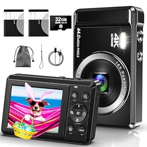 Digital Camera – 4K Digital Cameras for Photography – 44MP UHD Point and Shoot Camera for Kids Teen Boys Girls – Compact Small Vlogging Camera with 16X Digital Zoom, 32GB SD Card and 2 Batteries