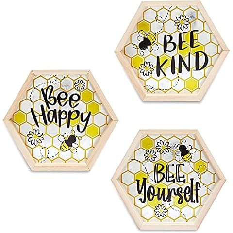Farmlyn Creek Honey Bee Wall Decor, Bee Happy, Bee Kind, Bee Yourself (9.7 in, 3 Pack) Cover