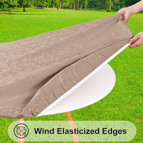 Image of Smiry Waterproof Heavy Duty Vinyl Fitted Tablecloth for 57 inch-68 inch Round Table | Elastic Plastic Table Cloth, Wipeable Washable Floral Patio Table Cover for Picnic, Kitchen and Dining, Khaki