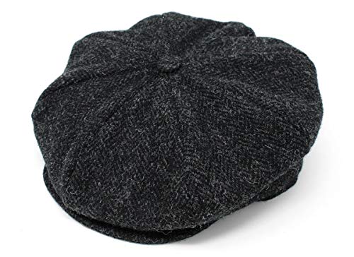 Hanna Hats of Donegal Hat Eight Piece Irish Flat Cap for Men's Driving Cap Made in Ireland 100% Wool Tweed (Black & Charcoal Herringbone - Harris Scottish Tweed, Medium)