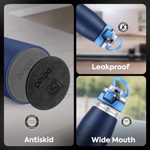 Image of Go24 pexpo Atlas 800 ISI Certified Stainless Steel Vacuum Insulated Flask - 740ml | 3 Layer Insulation | 2-Year Warranty | Hot & Cold Water Bottle for Adults | Ideal for Home, Office, Gym Denim Blue