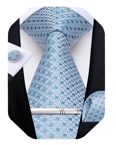 Image of DiBanGu Mens Silk Necktie Solid Color Tie and Pocket Square Cufflink Tie Clip Set Woven Plain Ties for Men Wedding Party
