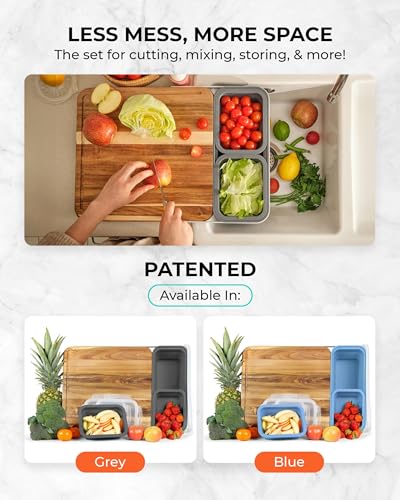 Tabla de Cortar para Preparación de Comidas TidyBoard con Contenedores - Tabla de Madera de Acacia con Contenedores y Tapas de Silicona - Estación para Preparación de Comidas - Tabla de Cortar para Colocar sobre el Fregadero (Pack Base, Gris) miniatura 2