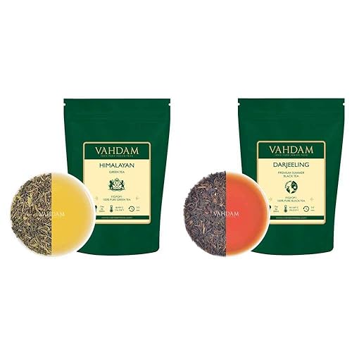 VAHDAM, Té verde del Himalaya (9 onzas, más de 100 tazas) y té negro de verano Darjeeling (9 onzas, más de 120 tazas) 100% fresco premium suelto