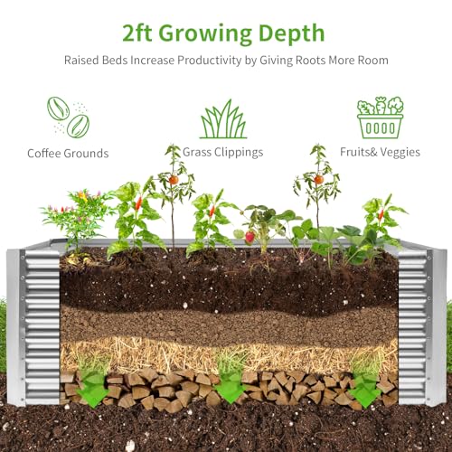 Image of Land Guard 6x3x2 ft Galvanized Metal Raised Garden Bed, 2FT Deep Root Elevated Planter Box Steel Large Vegetable Flower Bed Kit(Silver)
