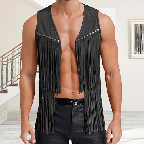 Men's Sleeveless V Neck Fringe Trim Open Front Studded Cowboy Western Hippie Faux Suede Vest Jacket Tassel Tops3