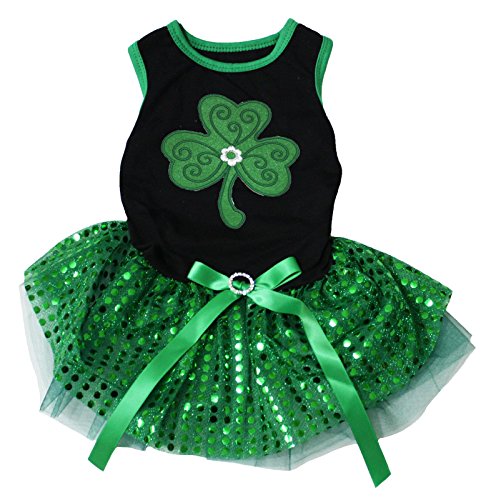 Petitebella Green Clover Puppy Dog Dress (Black/Green Sequins, Large)