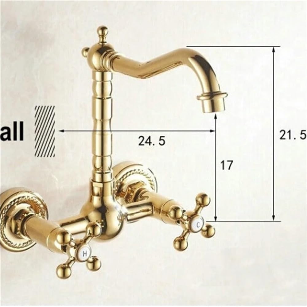 Rubinetto miscelatore con rubinetto girevole for lavabo da cucina, bagno caldo e freddo in ottone dorato a parete