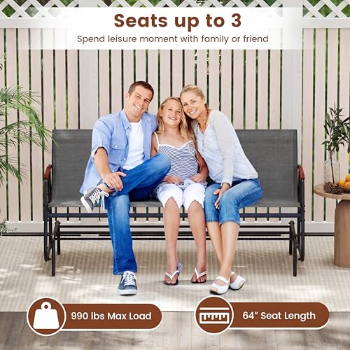 Image of Giantex Patio Glider, 3-Person Swing Gliding Loveseat with Curved Teak Armrests, Fabric Seat, Metal Frame, Load 990lbs, Outdoor Rocking Chair for Porch, Yard, Poolside,Grey
