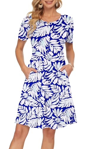 Image of AUSELILY Women's Short Sleeve Pleated Swing Summer Dress with Pockets | Knee-length short sleeve dress, empire waist & pockets, ideal for casual daily wear and vacation
