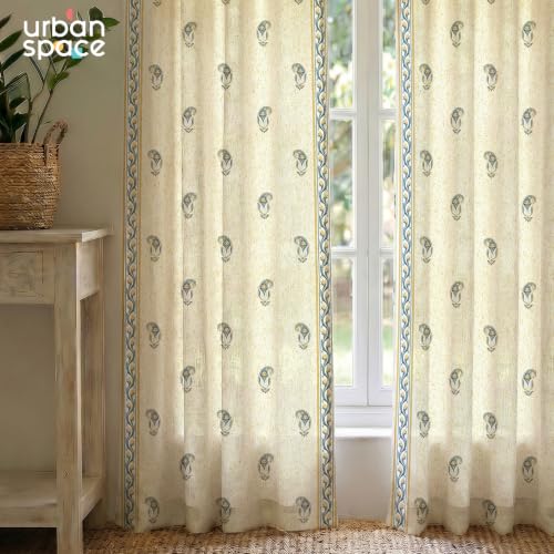 Image of Urban Space 100% Cotton Floral Curtains 7 feet Long Set of 2, 60-65% Room Darkening, Decorative Curtains with Eyelets /Rings for Hanging, Tieback Included (Jaipur Paisley Teal, Door - 7 Feet)