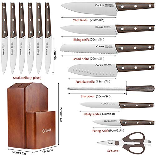 Knife Sets for Kitchen, 15 Piece Kitchen Knife Sets with Block, German Stainless Steel Knives Set, Wood Handle with Manual Sharpener, 6 Serrated Steak Knives