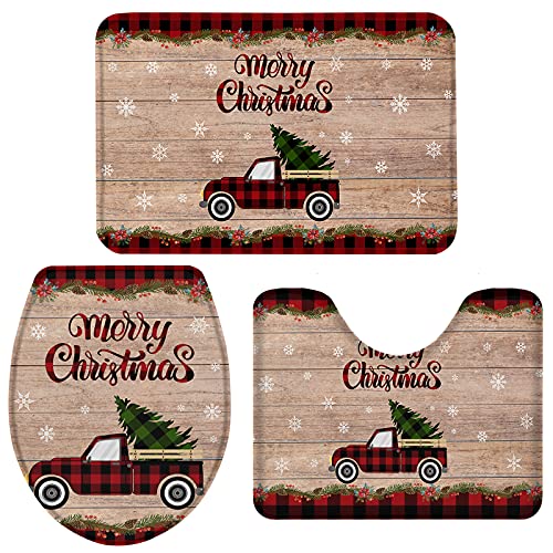 3 Pieces Bath Rug Set Toilet Seat Cover Christmas Buffalo Check Plaid Truck Tree Xmas Snowflake Contour Rug,Pedestal Mat and Toilet Lid Cover,Non-slip Bathroom Floor Mat 20
