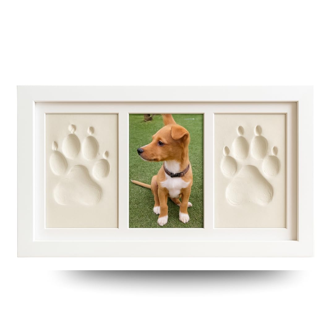 Marco per impronte di animali domestici (cane, gatto) con foto. Kit di stampa in argilla bianca. Scatola regalo con passepartout colorati. Ricordo personalizzato per cani e gatti.