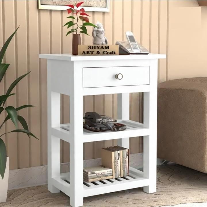 Image of SHYAM ART & CRAFT Solid Sheesham Wood Bedside Table with 2 Shelf & Drawers Storage for Bedroom Living Room Hall | Wooden Furniture Night Stand End Table for Home Office Hotels | White Finish