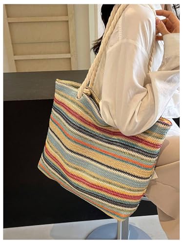 Image of QWINEE Women's Striped Tote Bags Double Handle Large Capacity Lightweight shoulder Handbag